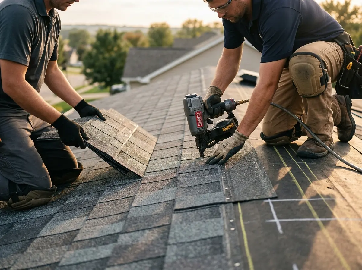 Professional roofer working on a residential roof in Tarrant